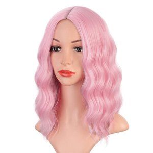 Wig - Light Pink Short Wavy Bob with Middle Part (14 inches)